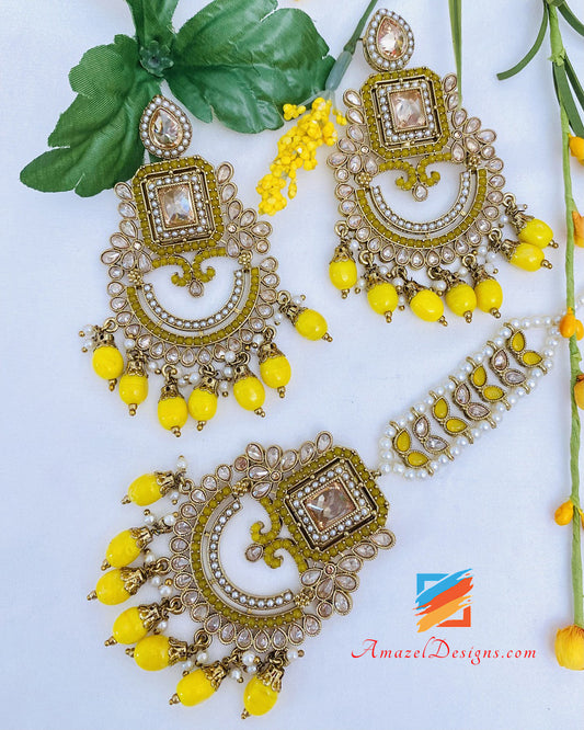 Yellow Polki Earrings Tikka Set