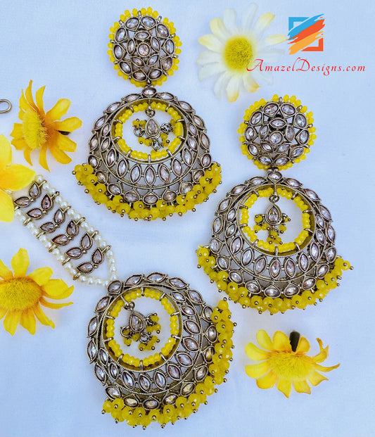 Yellow Polki Earrings Tikka Set