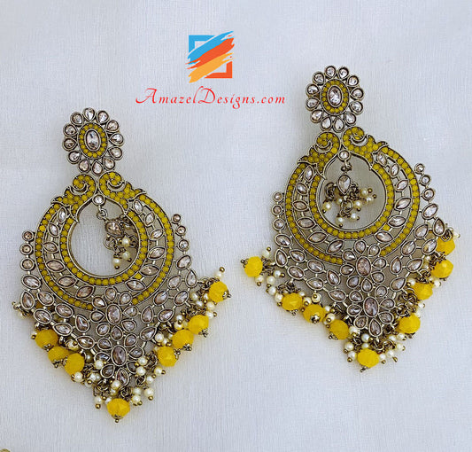 Yellow Polki Oversized Earrings And Tikka Set