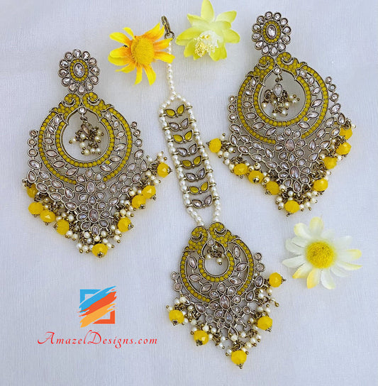 Yellow Polki Oversized Earrings And Tikka Set