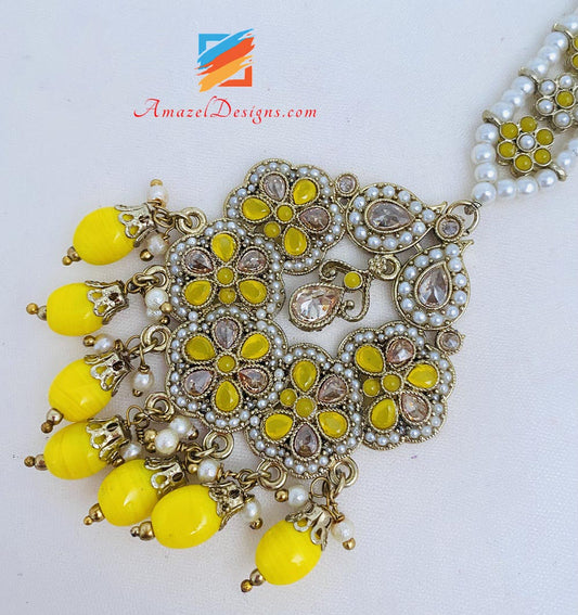 Yellow Polki And Beads Earrings Tikka Set