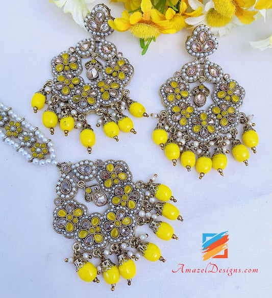 Yellow Polki And Beads Earrings Tikka Set