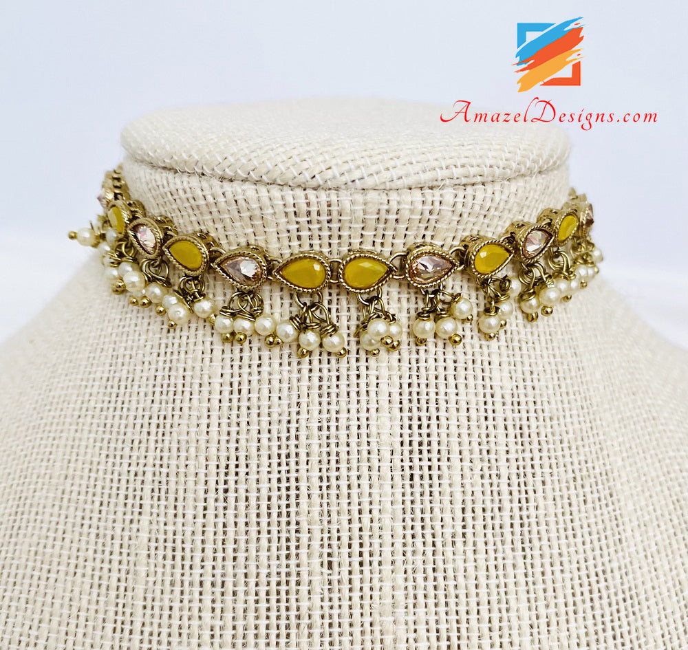 Yellow Polki Hanging Beads Single Line Choker/Necklace