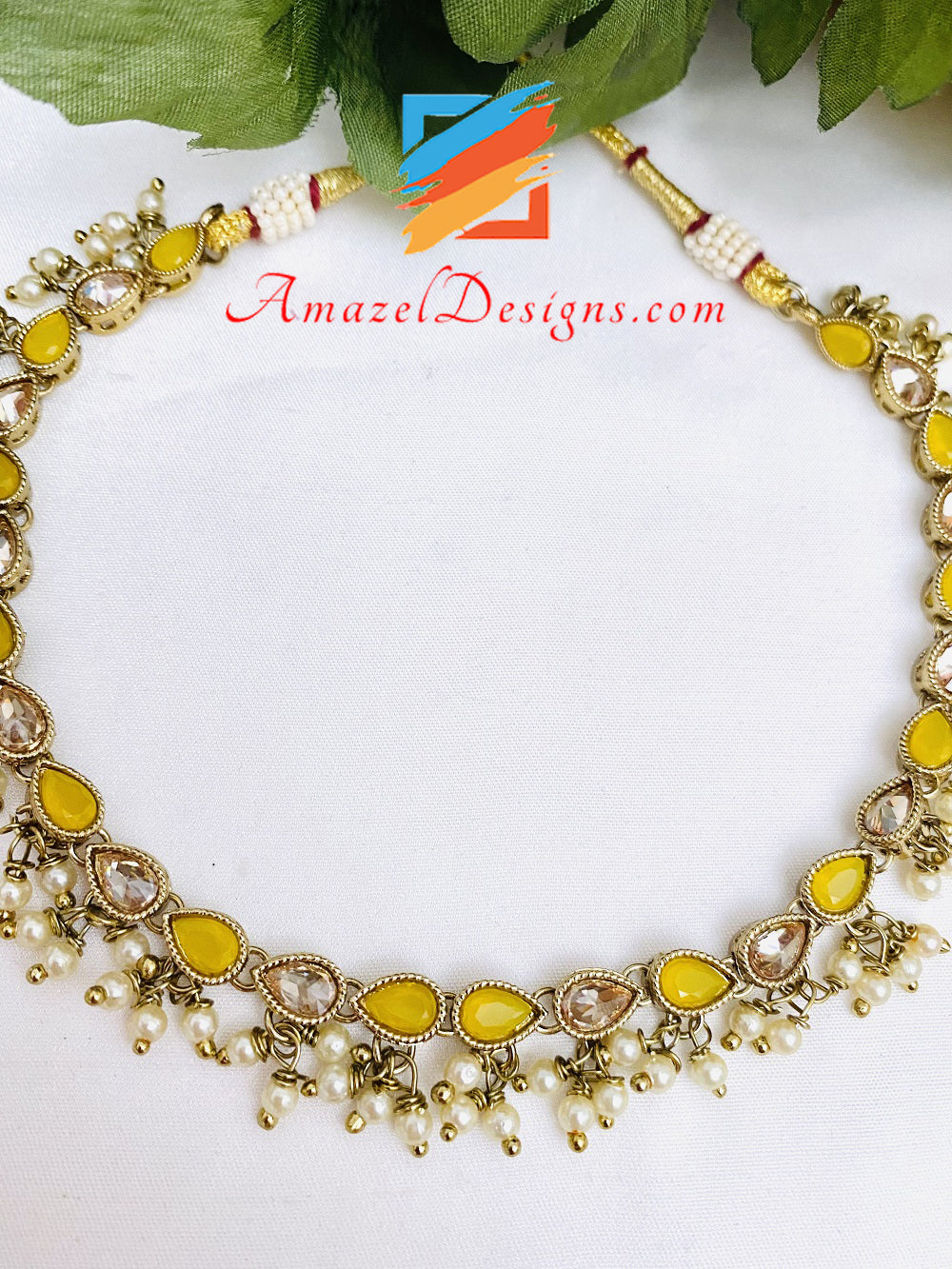 Yellow Polki Hanging Beads Single Line Choker/Necklace