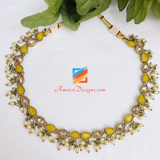 Yellow Polki Hanging Beads Single Line Choker/Necklace