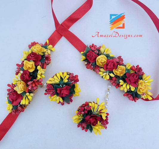 Yellow Red Choker With Long Mala Earrings Tikka