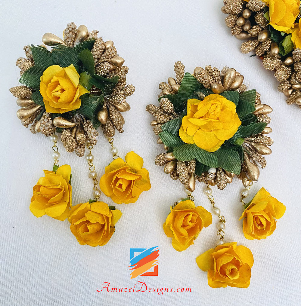Yellow And Copper Necklace Earrings Tikka And Hand Pieces