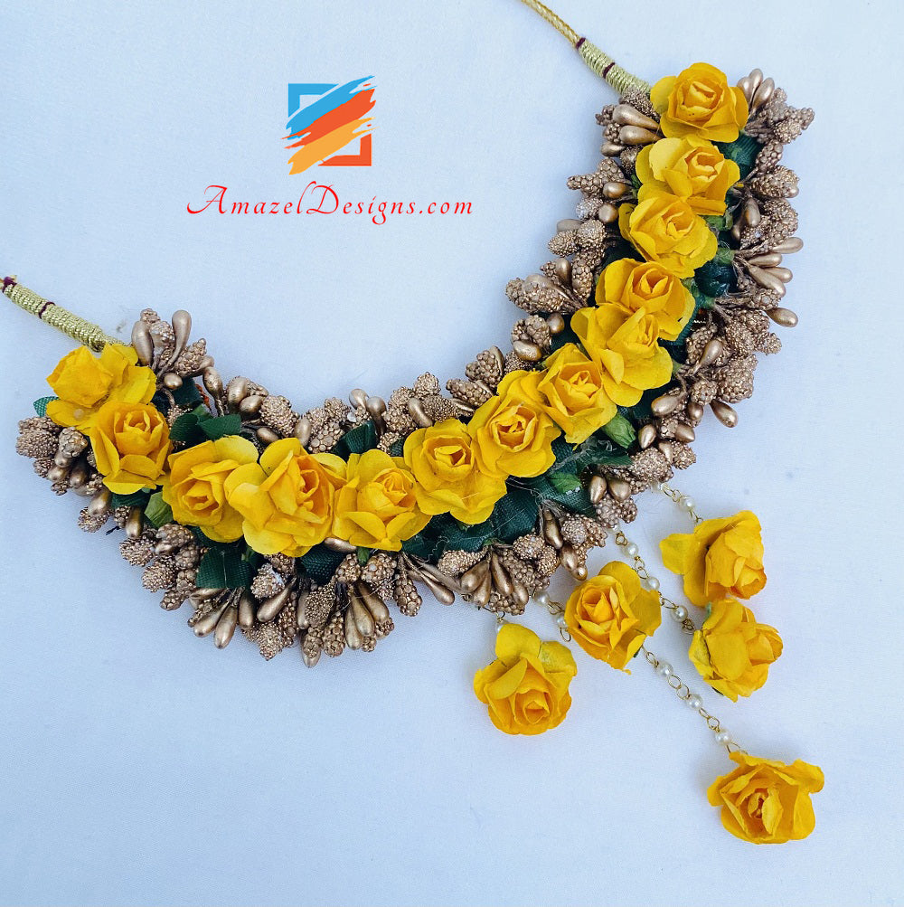 Yellow And Copper Necklace Earrings Tikka And Hand Pieces
