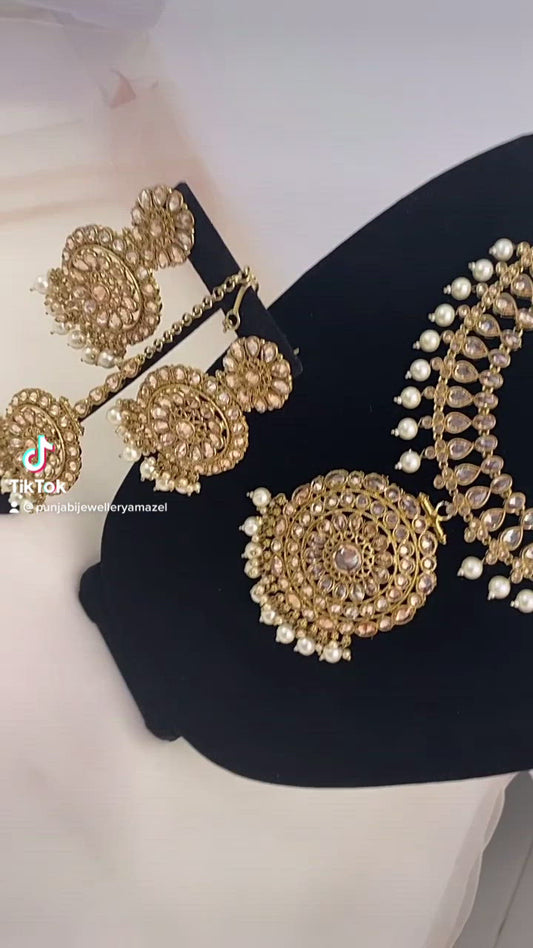 Polki Champagne Haar Necklace Earrings Tikka Set