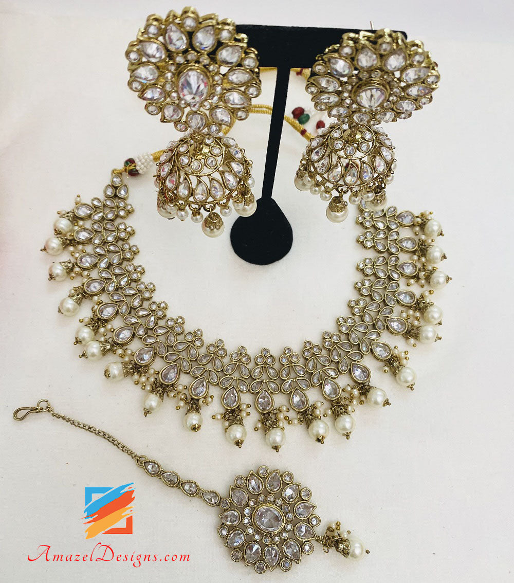 Polki Clear Stone Necklace Earrings With Jhumki Tikka Set