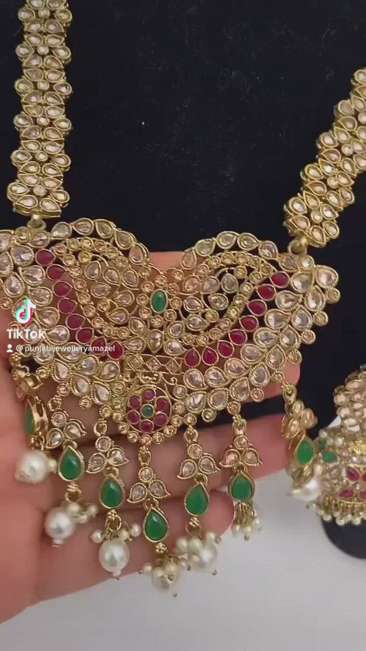 Long Multicoloured Polki Haar With Jhumki Style Earrings And Tikka Set