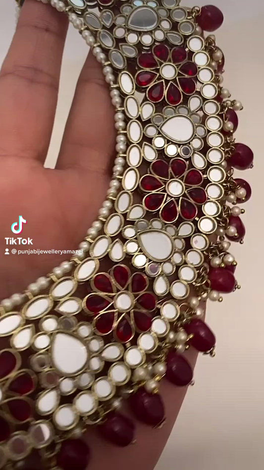 Maroon Sheesha Necklace Earrings Tikka Set