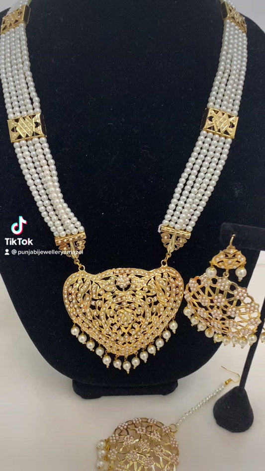 Golden Jadau Leggero Lungo Mala Collana Orecchini Set Tikka