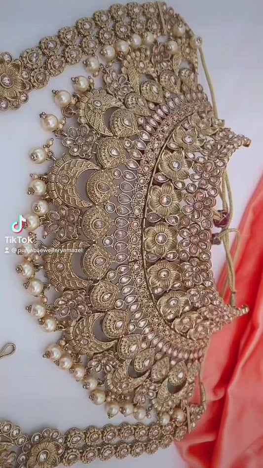 Polki Golden Necklace Long Mala - Rani Haar, Bajuband, Matha Patti, Hand Piece, Nath Nose Ring