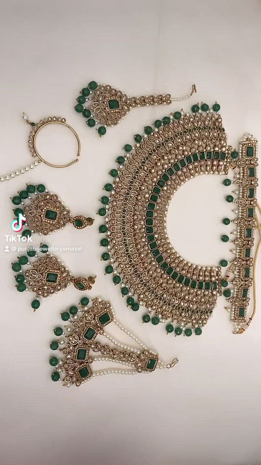 Green (Emerald) Polki Necklace Choker Earrings Tikka Nath and Passa Set