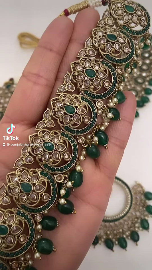 Green (Emerald) Polki Bridal Necklace Choker Earrings Tikka and Passa Set