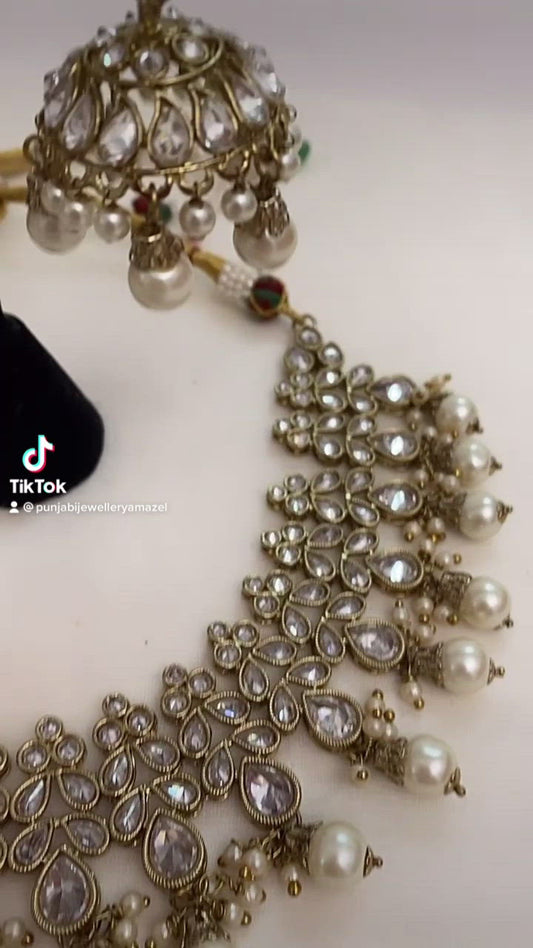 Guadagni Collana Polki Champagne Con Set Jhumki Tikka 