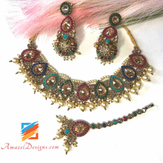 Multicoloured Polki Necklace Earrings Tikka Set